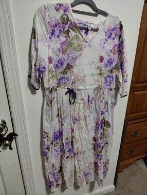 Womens White Floral Midi Dress with Purple Accents